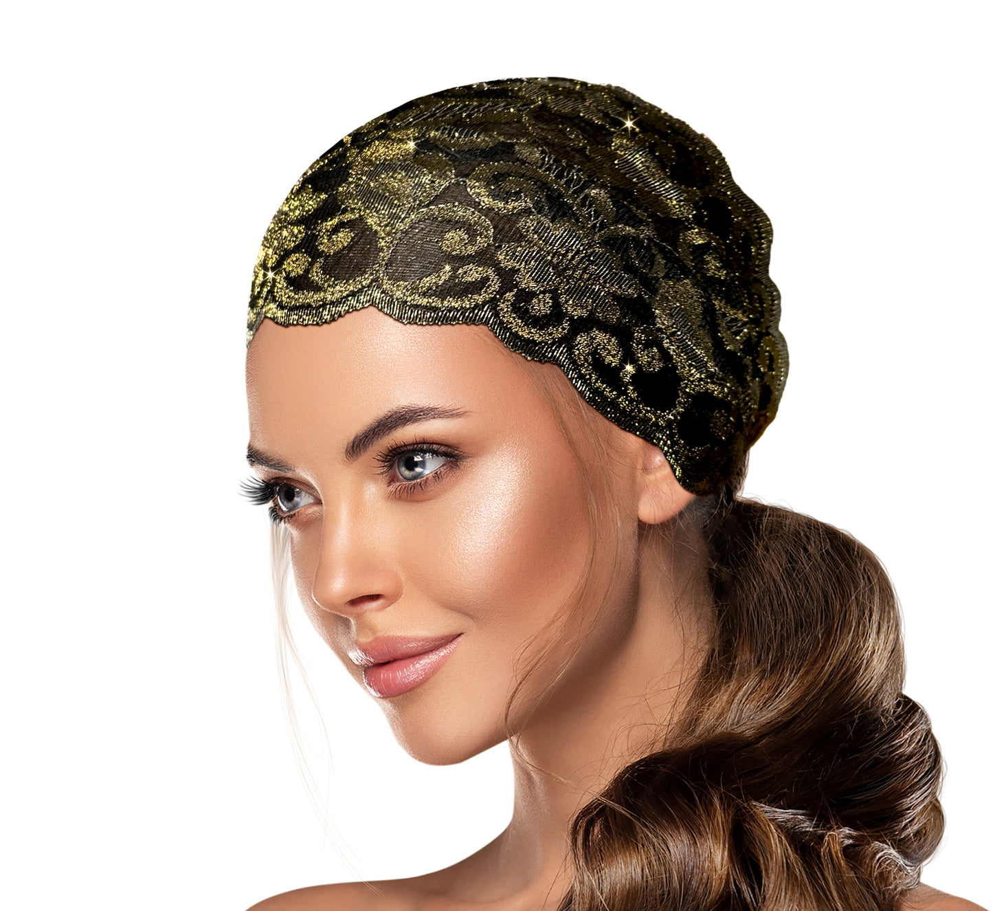 Black lace headband gold floral