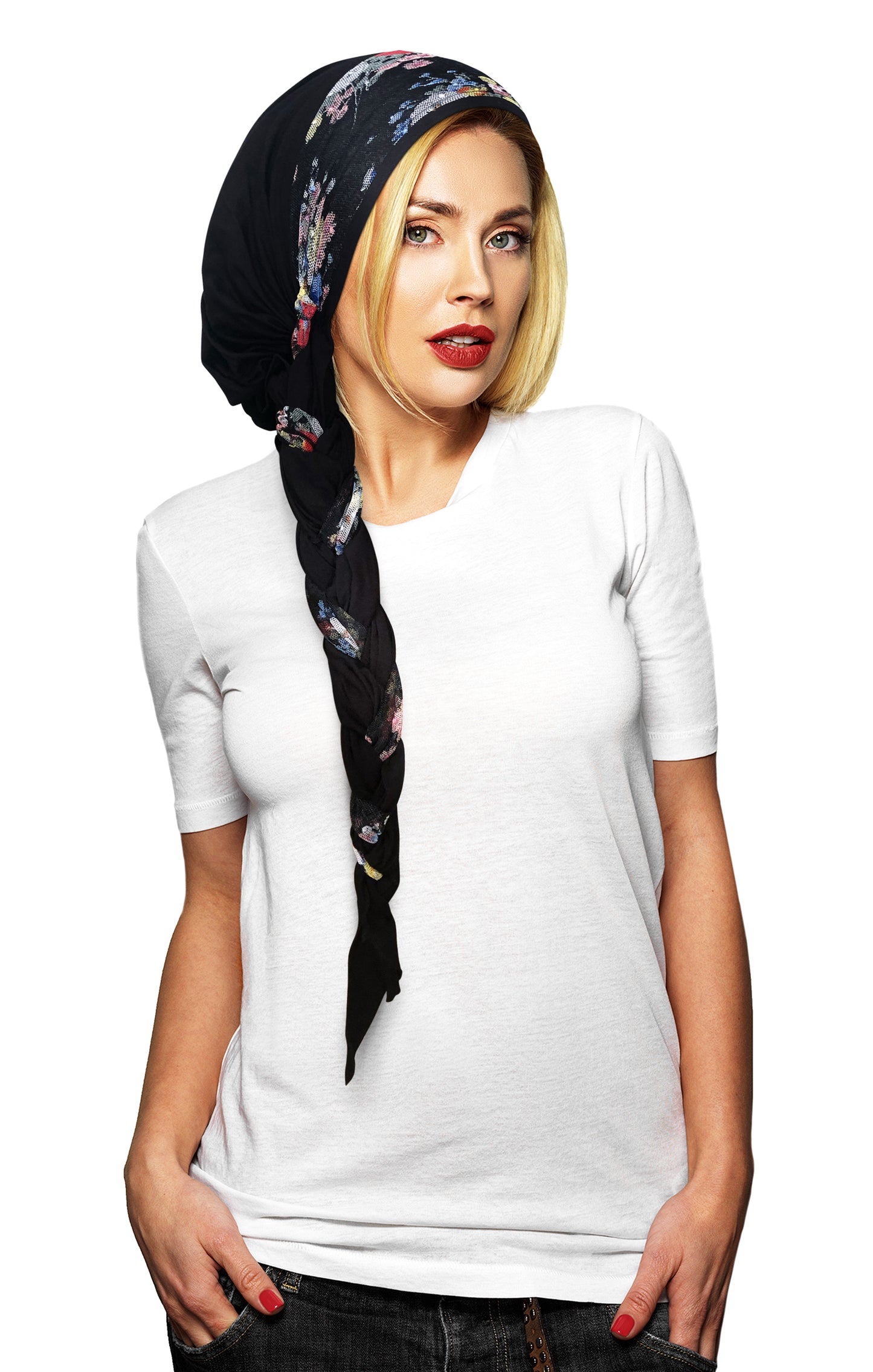 Black headscarf floral lace wrap