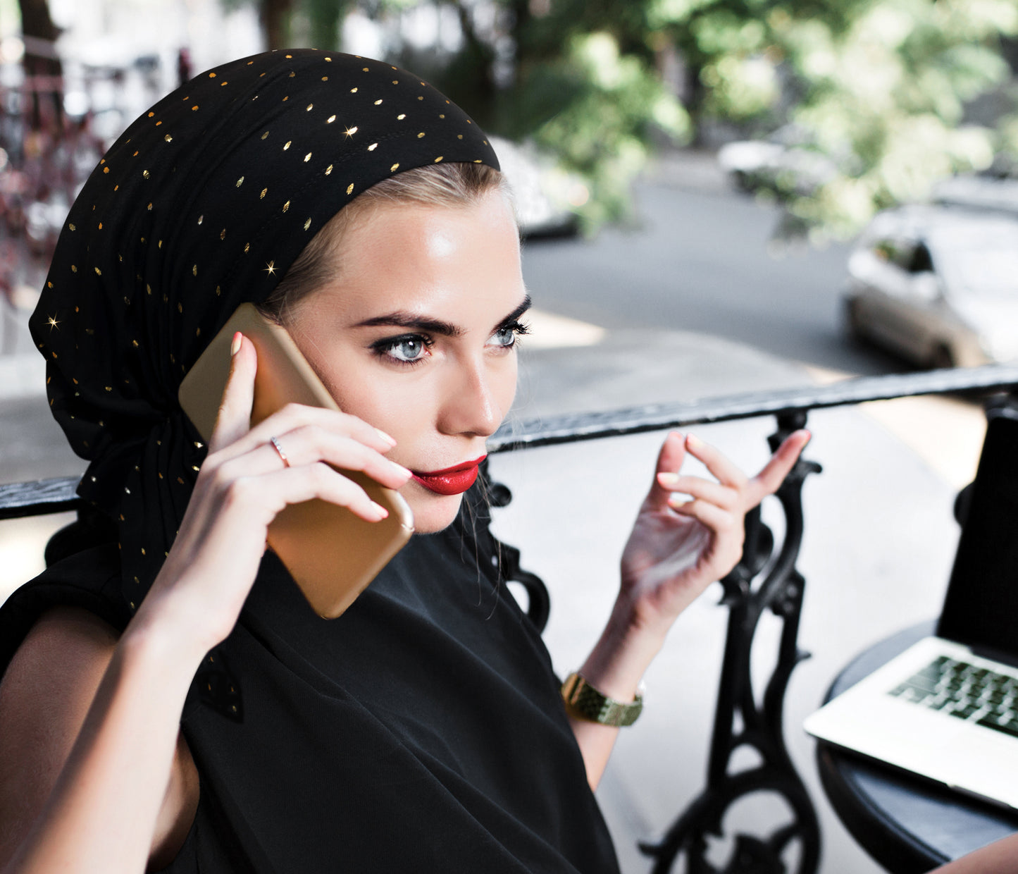 Black gold pre-tied headscarf sparkles