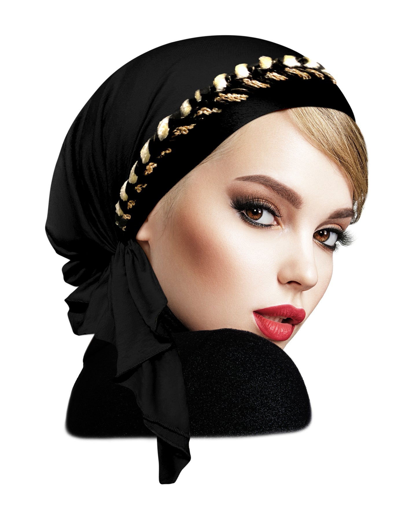 Black headscarf black gold braid sparkles