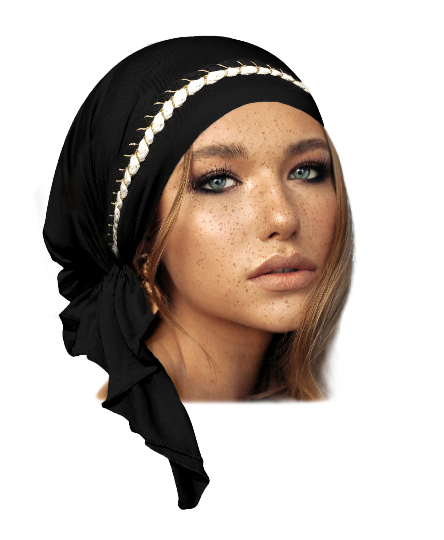 Black headscarf black gold white braid sparkles