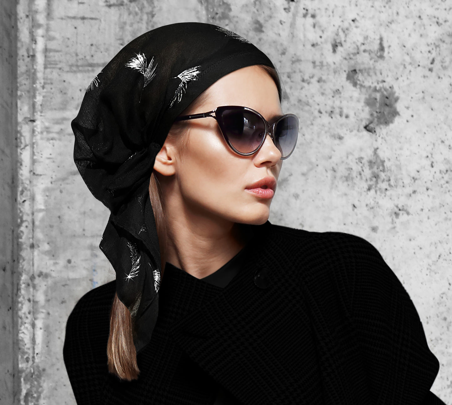 Black silver feather sparkles non slip headscarf