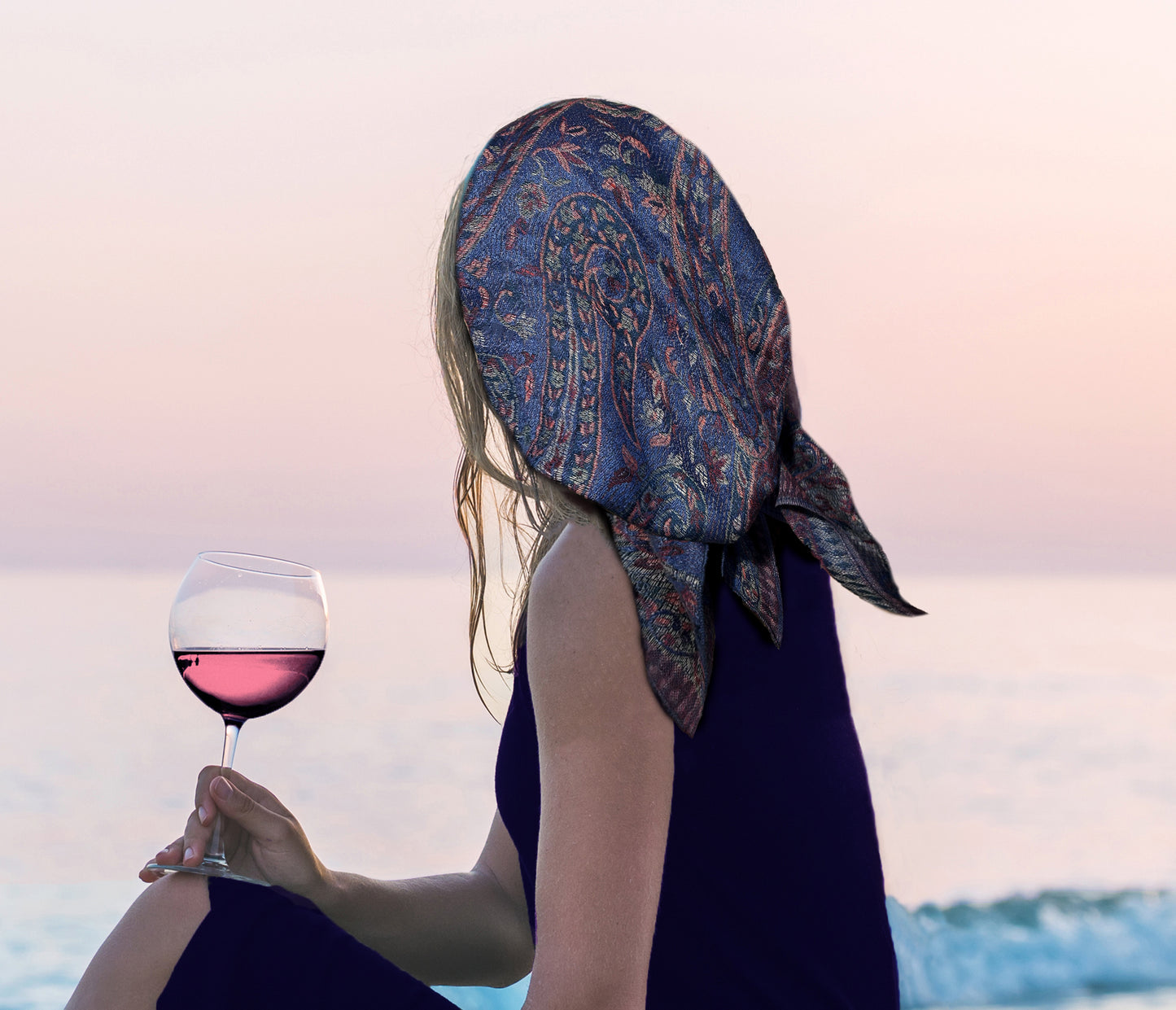 Blue paisley nonslip cashmere headscarf