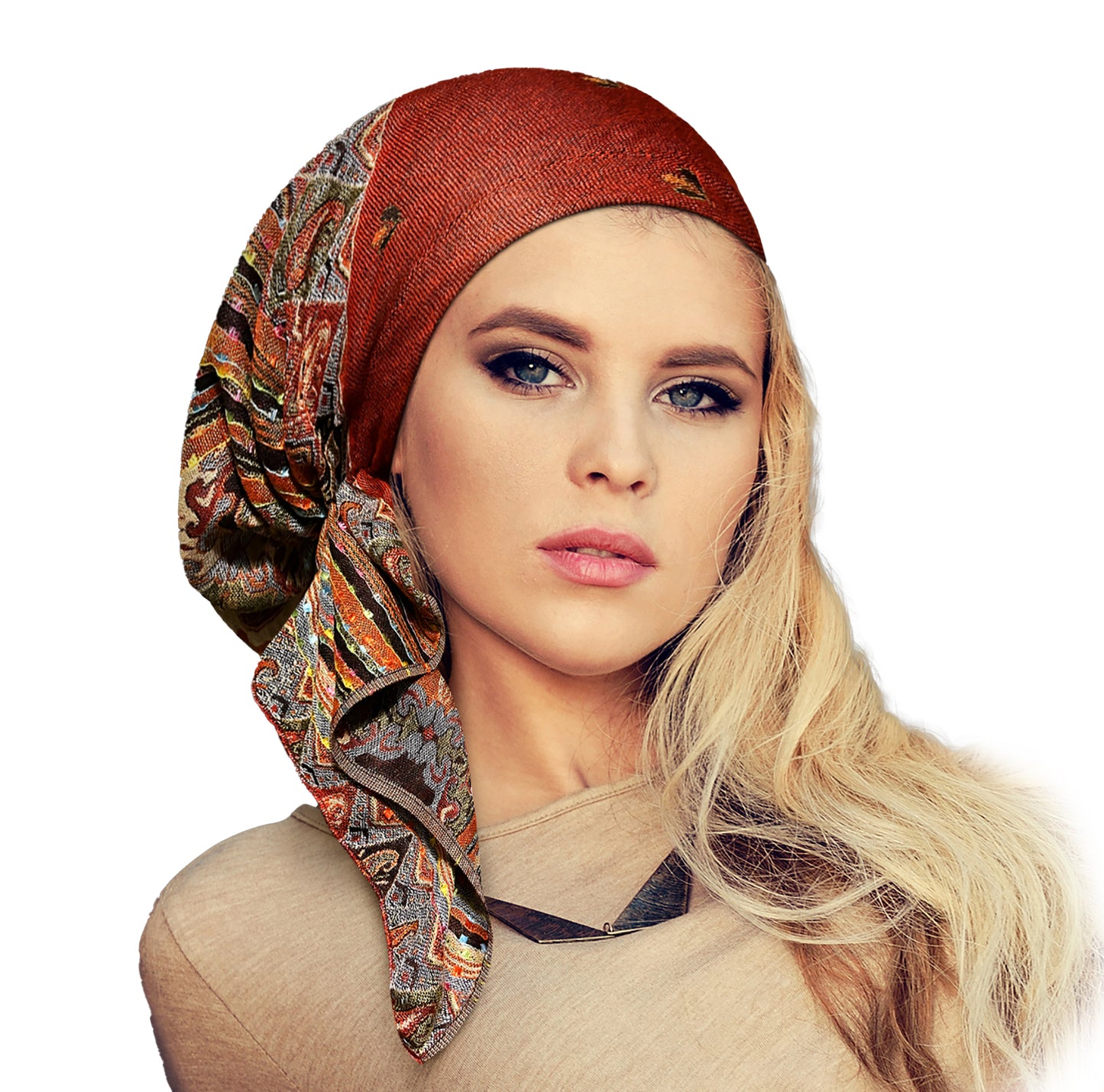 Burgundy red cashmere pre tied headscarf