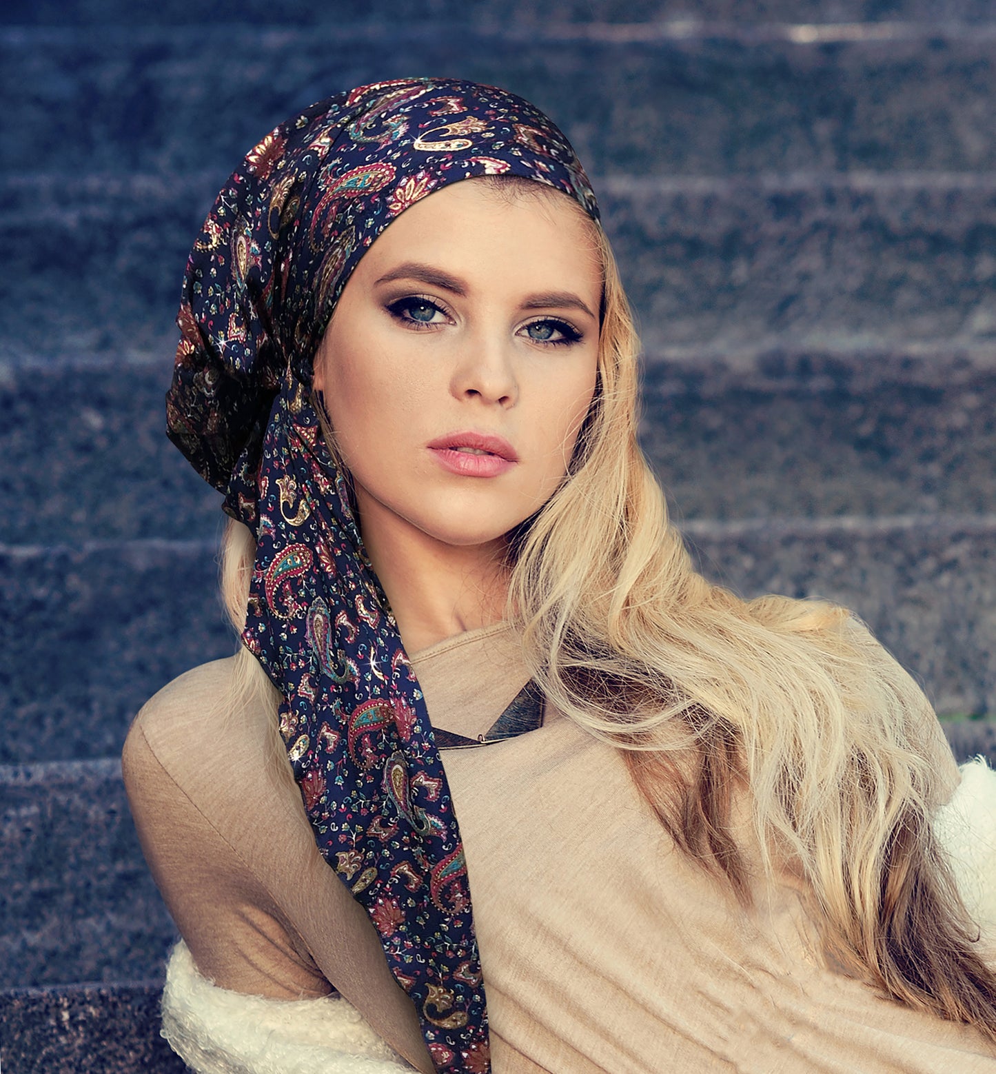 Navy paisley headscarf gold sparkles long