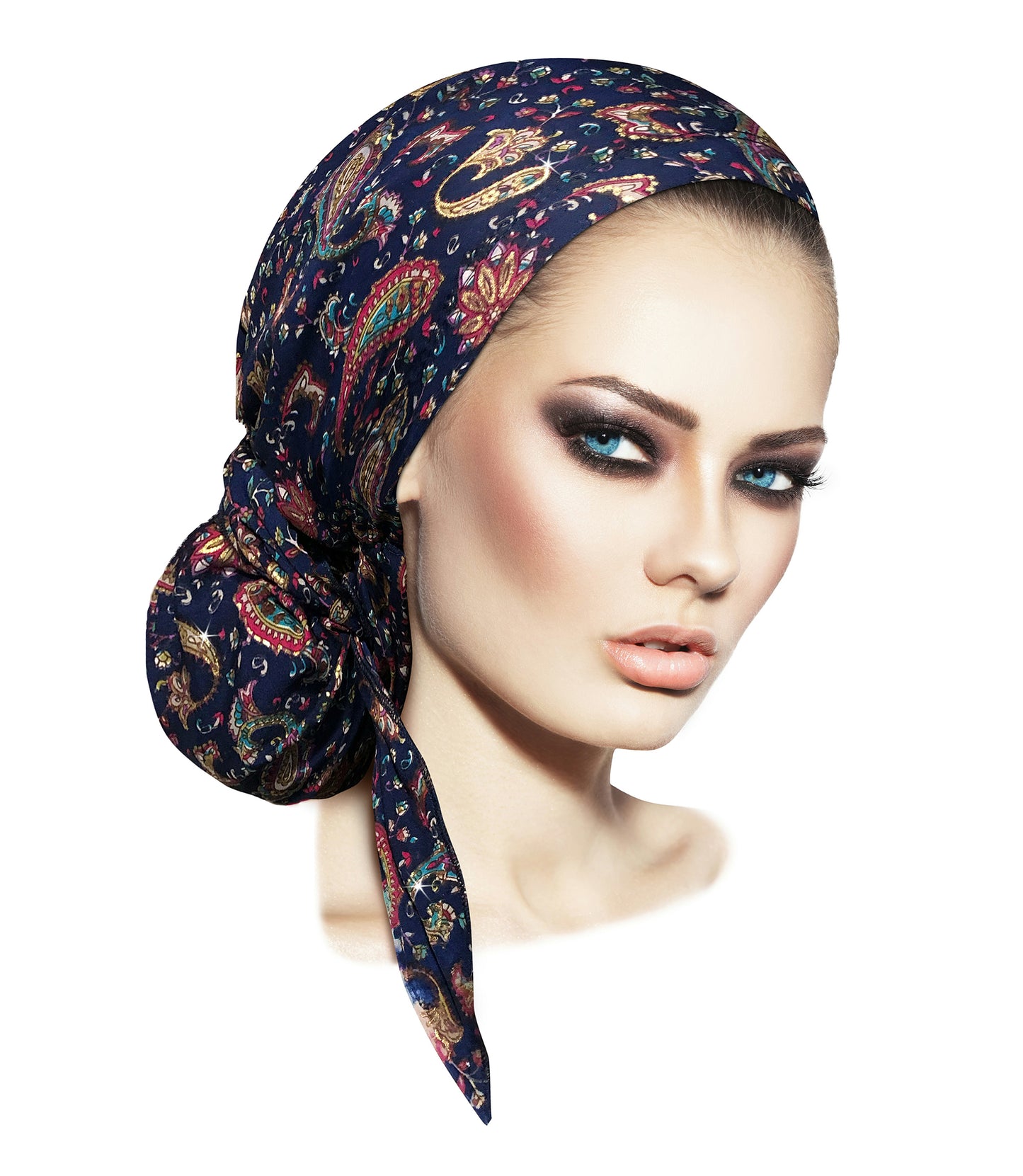 Navy paisley headscarf gold sparkles long