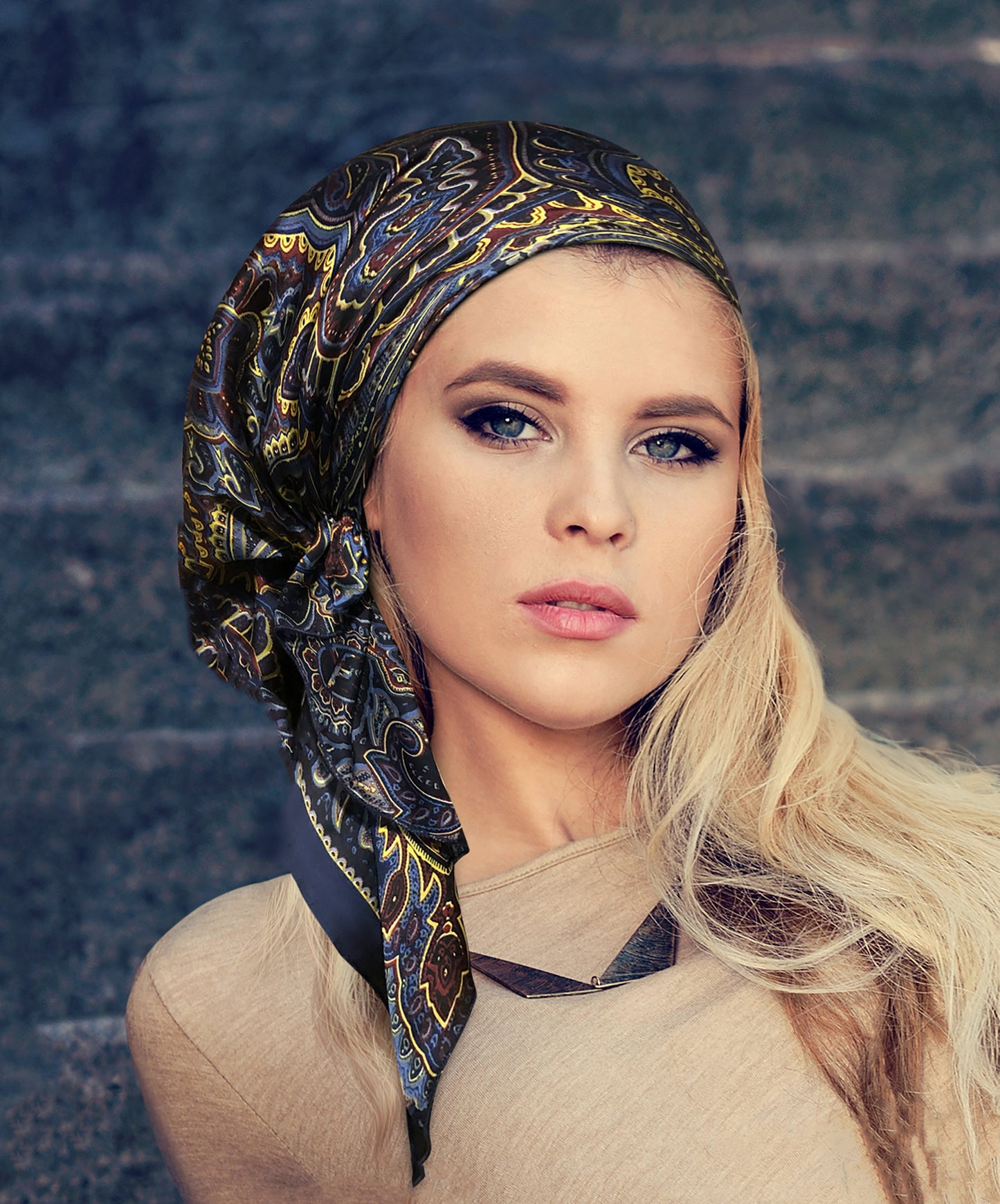 Navy paisley non slip headscarf gold sparkles
