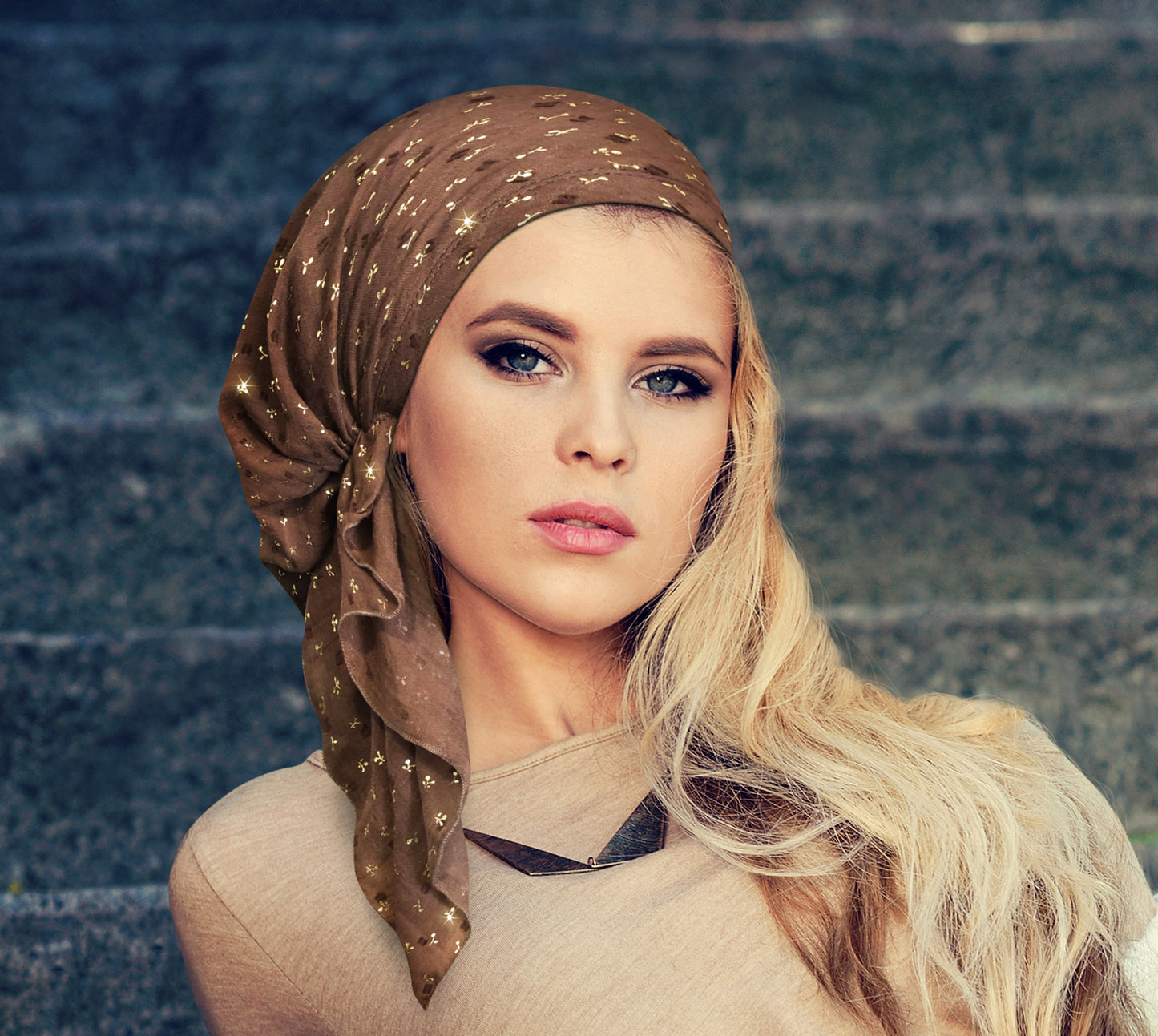 Taupe gold floral headscarf sparkles