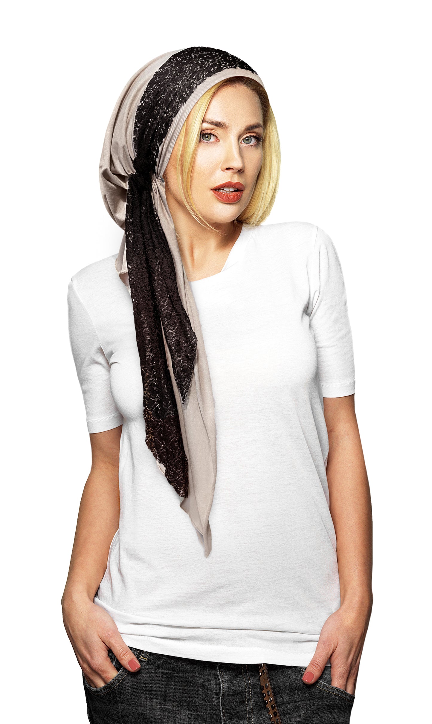 Taupe Headscarf Black Lace Wrap