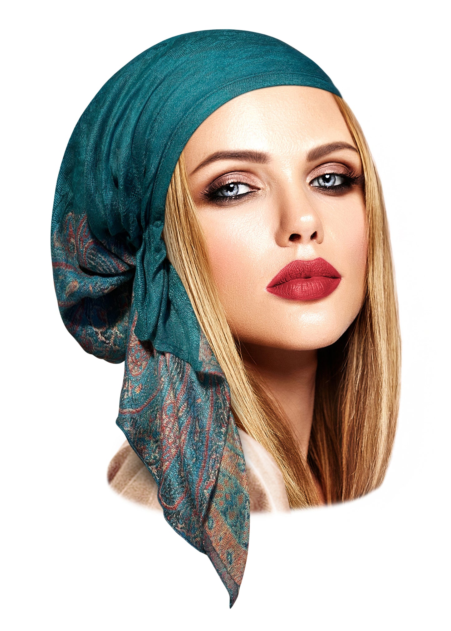 Teal red soft cashmere headscarf