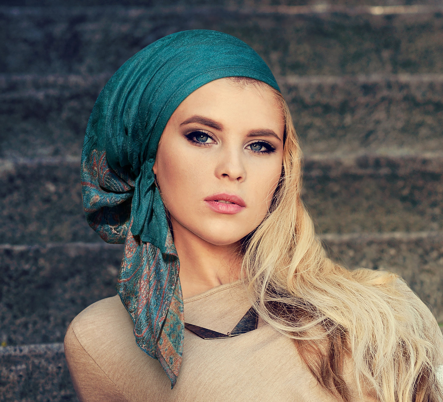 Teal red soft cashmere headscarf