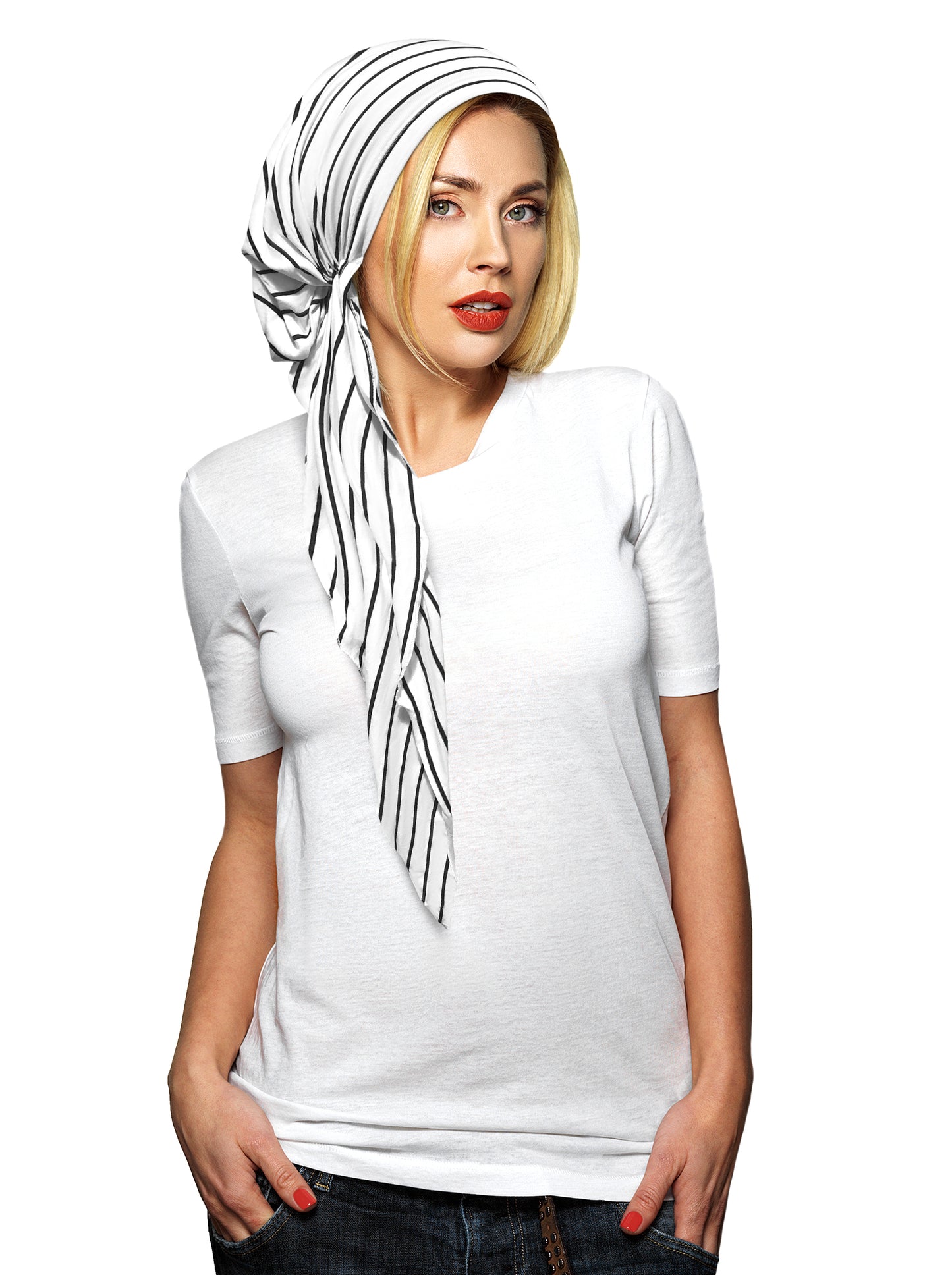 Long white black stripe headscarf