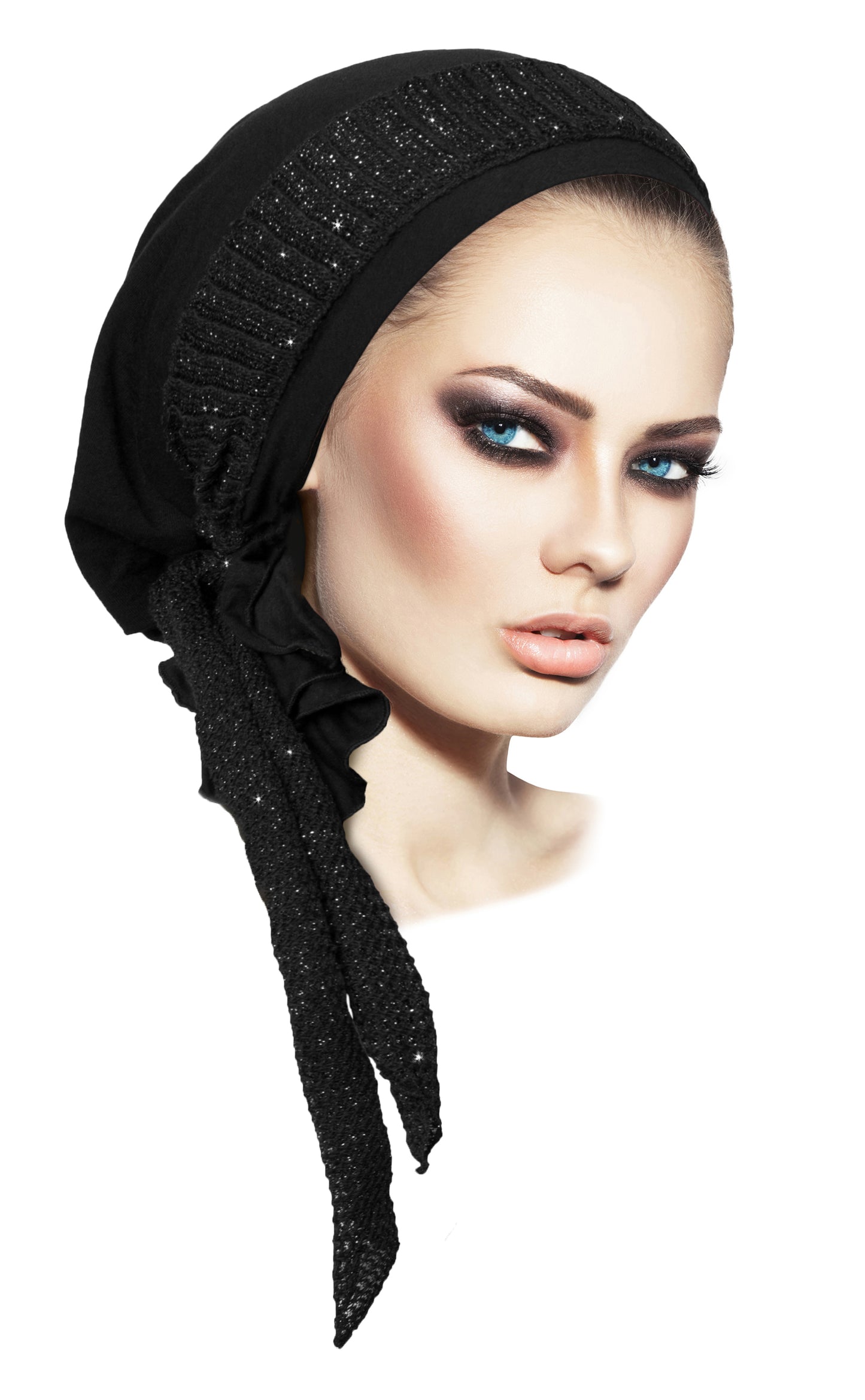 Black pre tied headscarf sparkly knit wrap