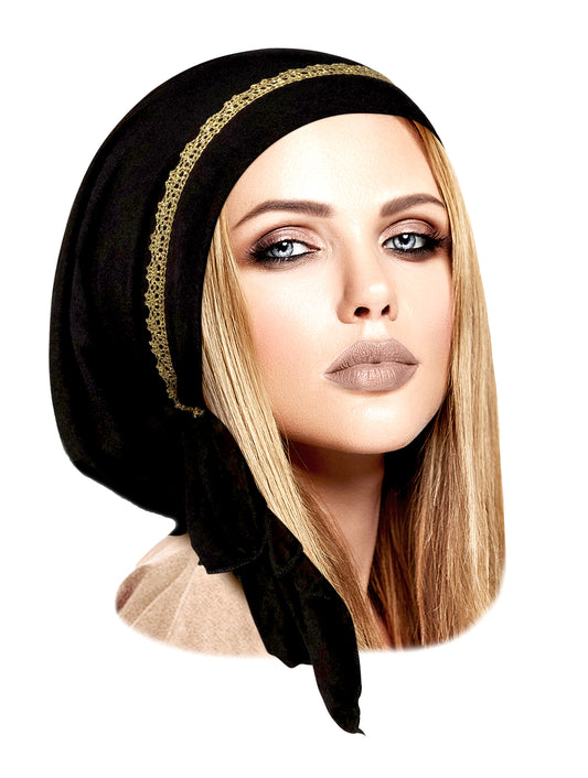 Black pre-tied headscarf gold trm sparkles