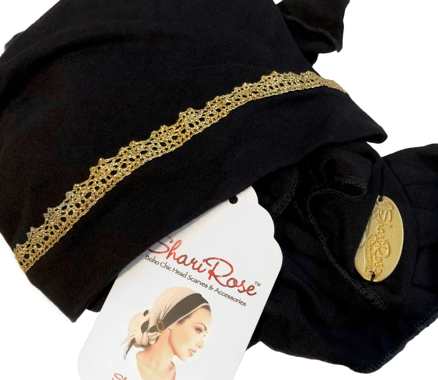 Black pre-tied headscarf gold sparkles