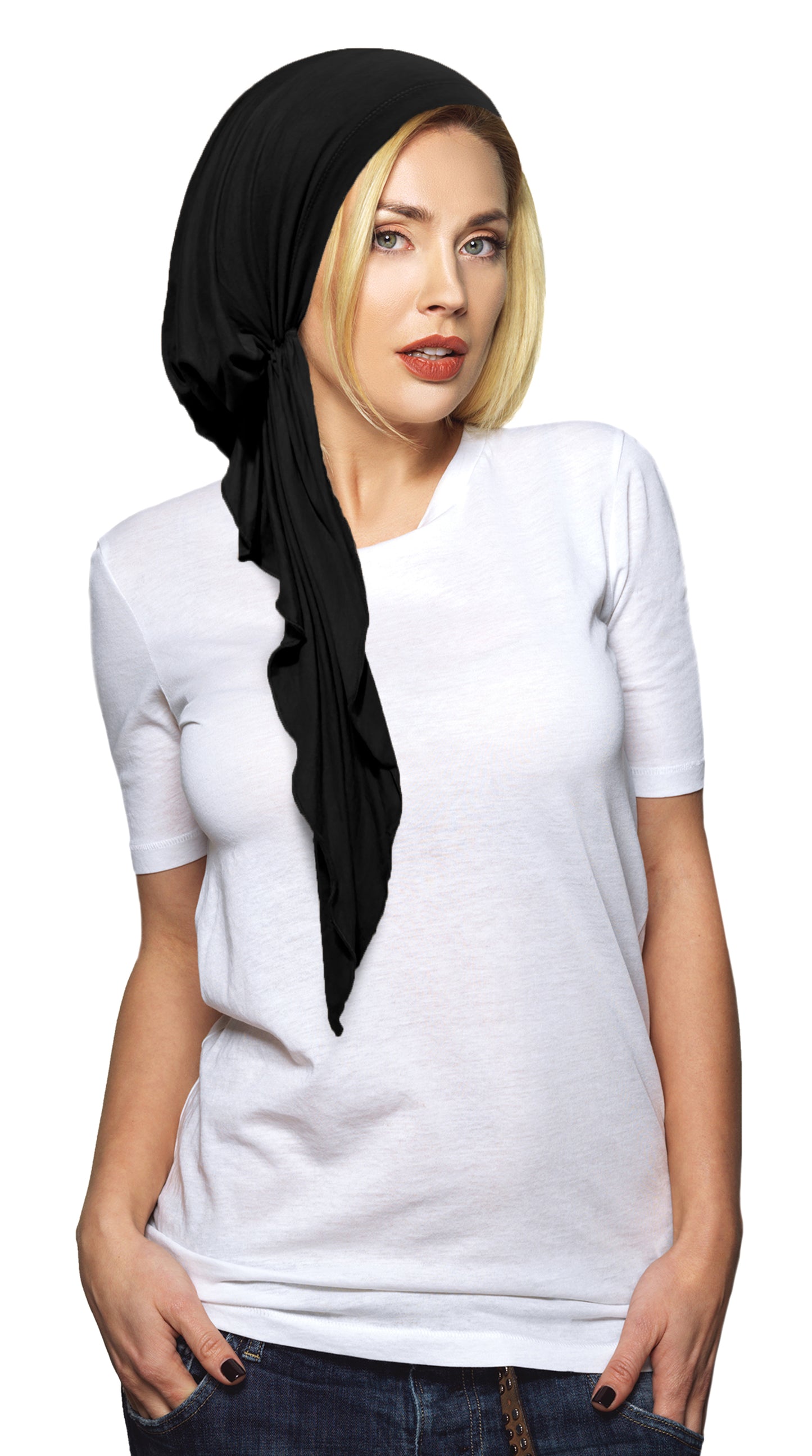 Long soft cotton pre tied headscarf in black