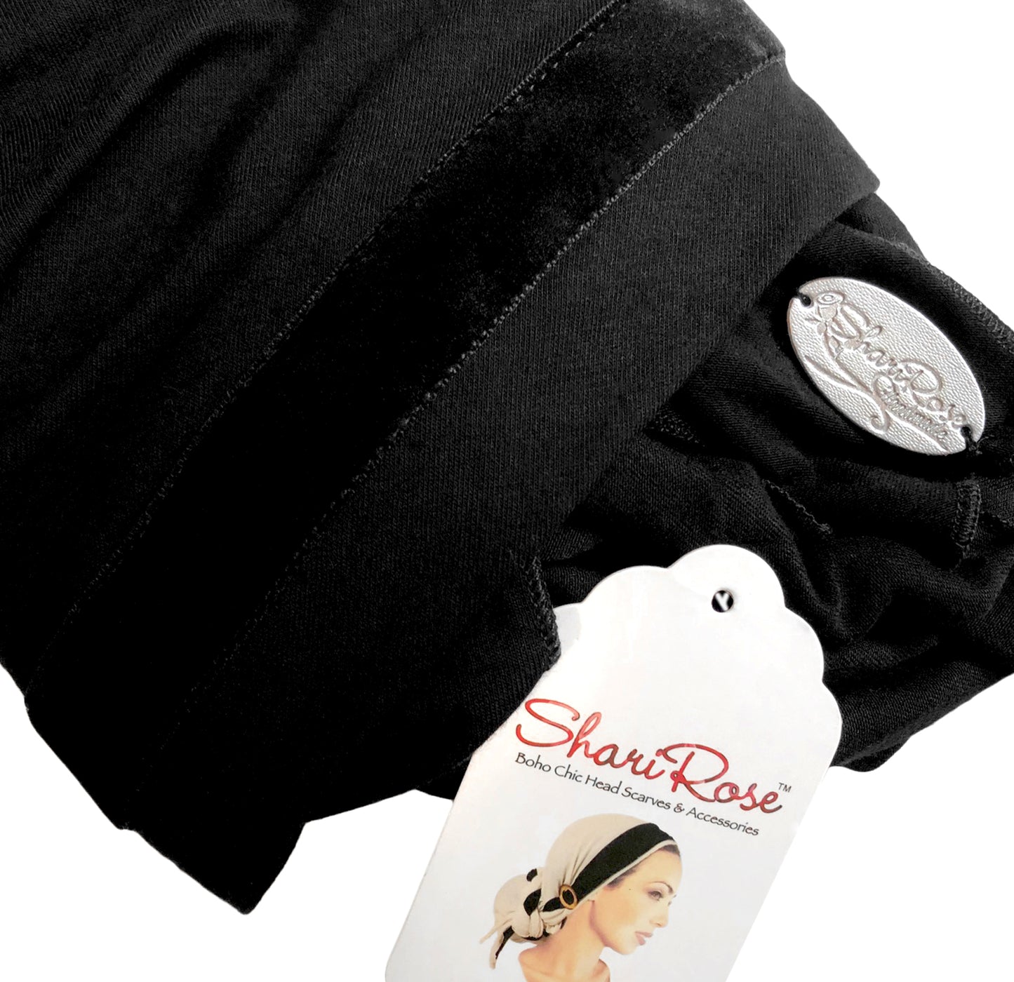 Black pre-tied headscarf with soft velvet trim