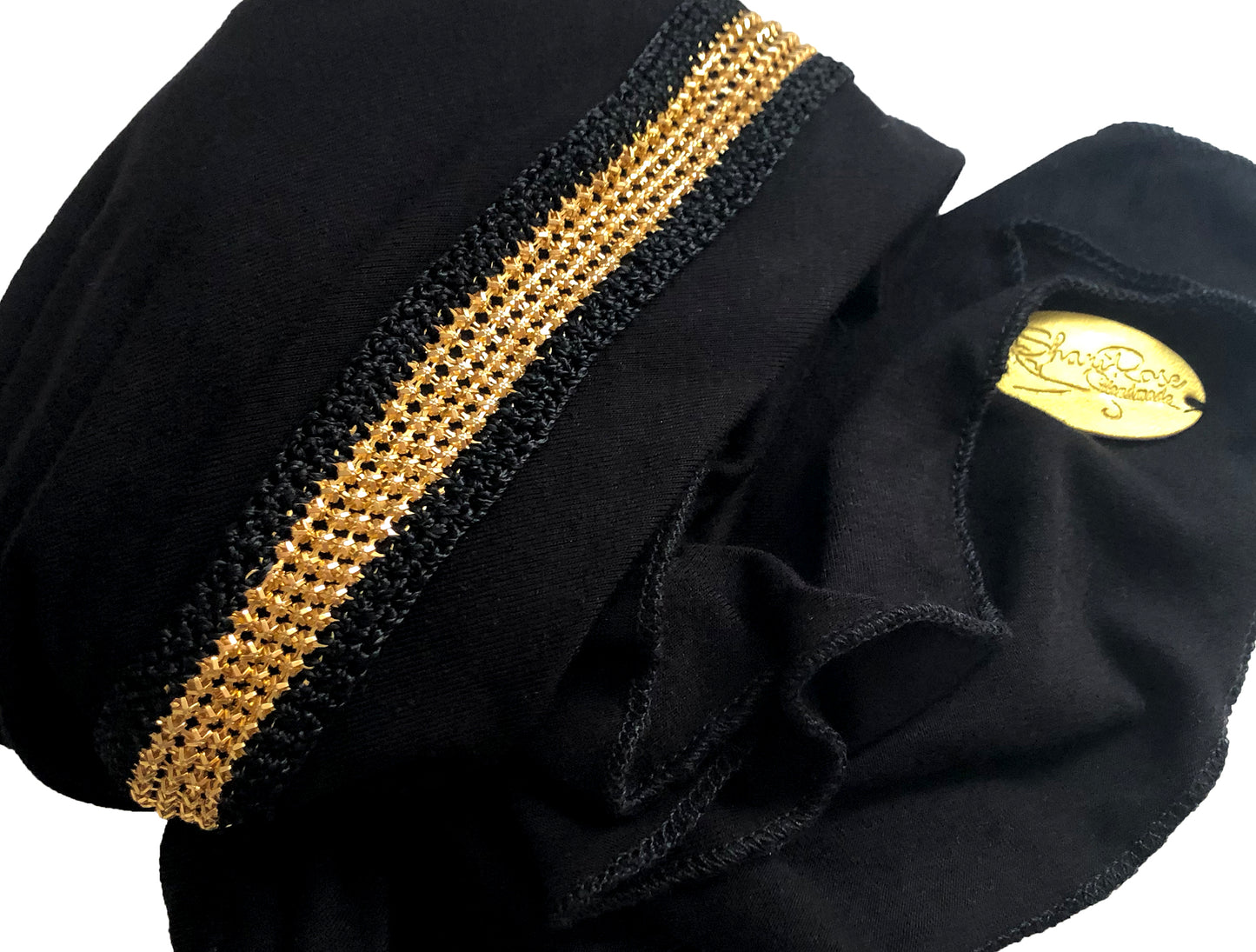 Black headscarf with gold sparkly metal trim