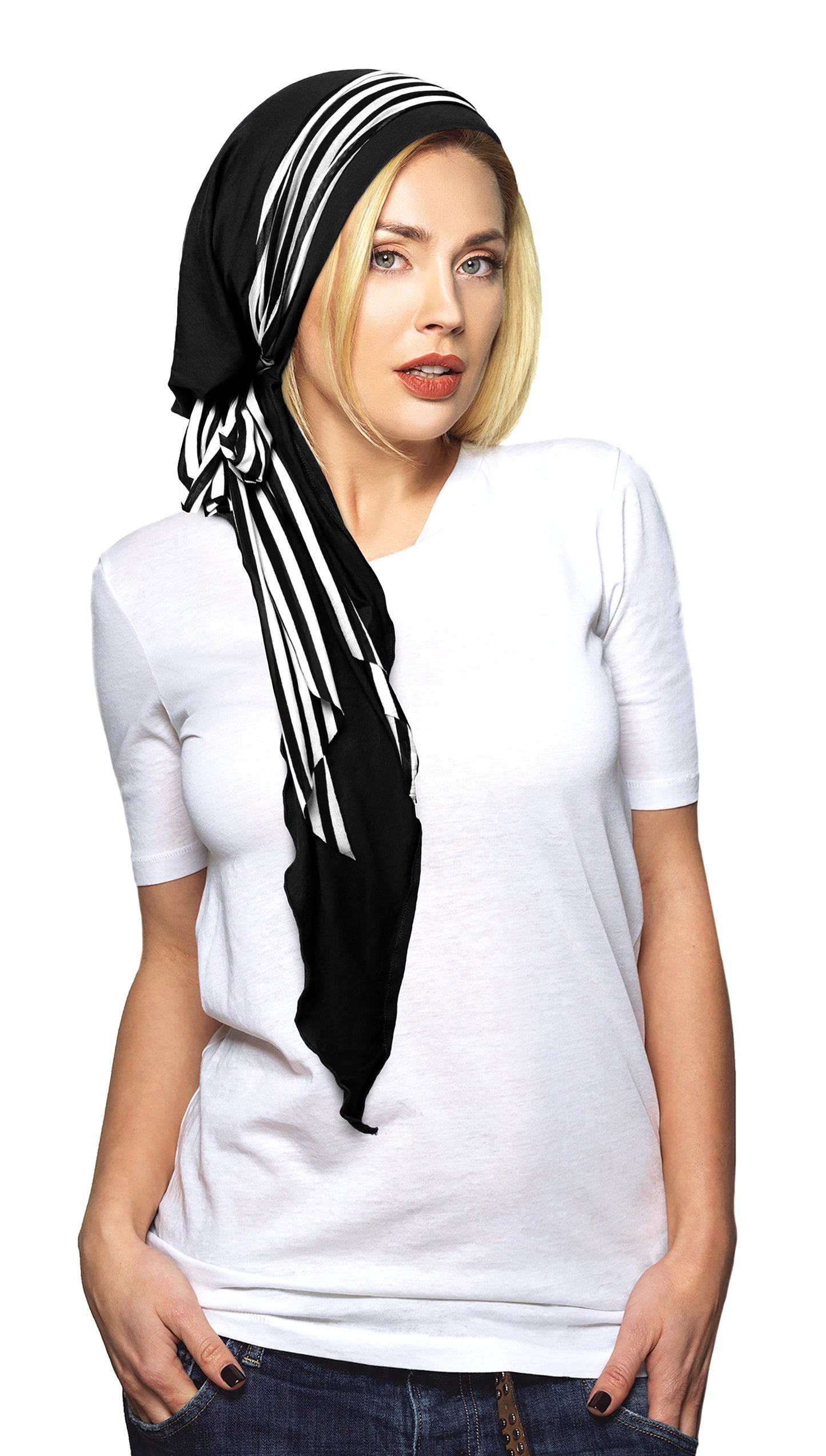 Black long headscarf with black & white stripe wrap