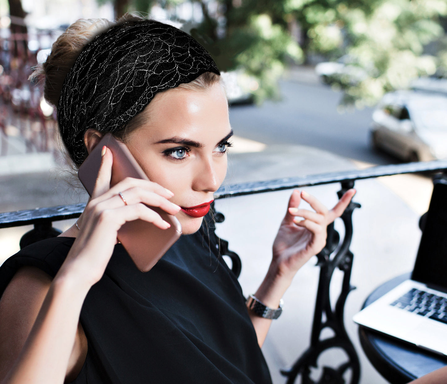 Black silver floral lace headband