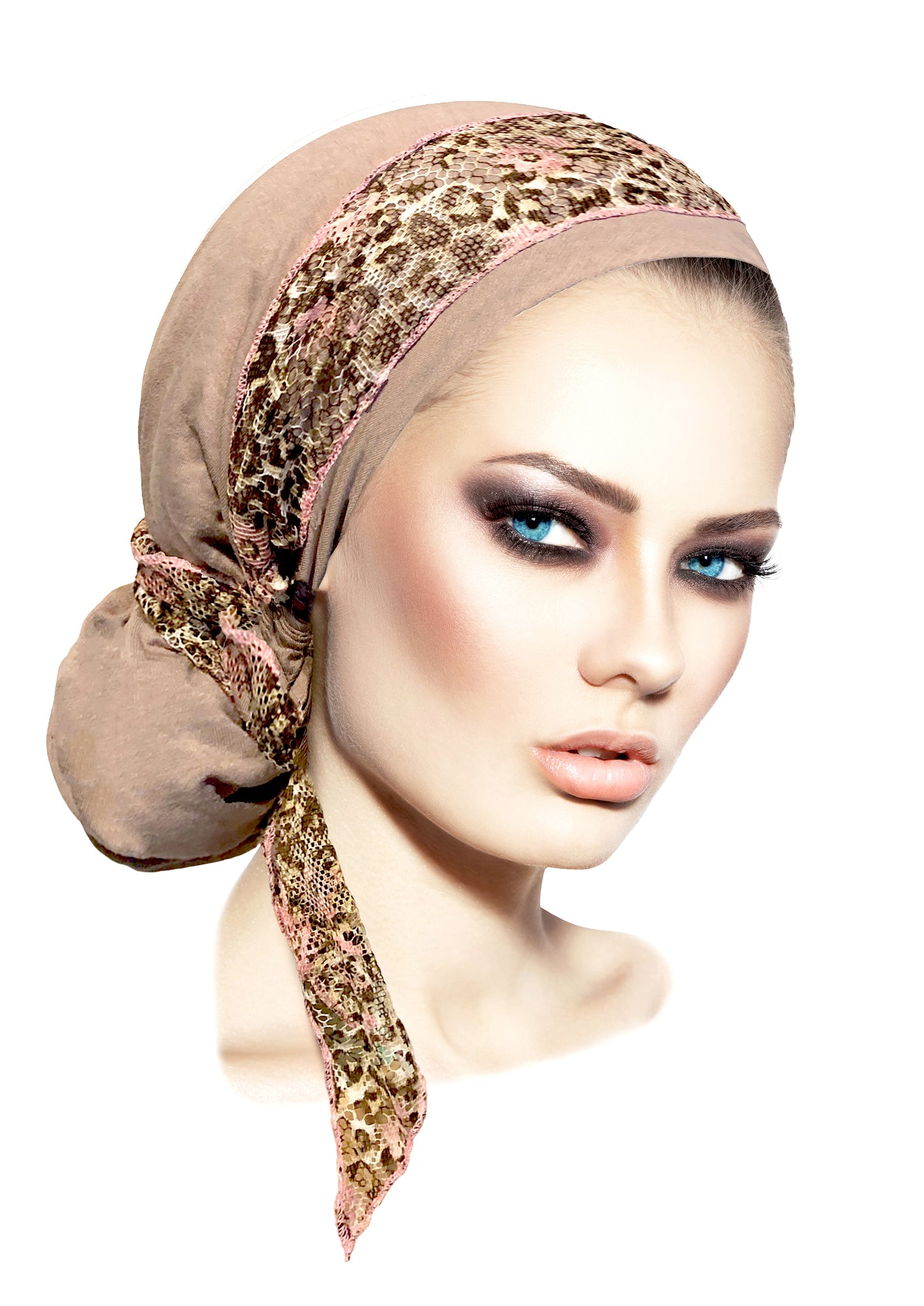 Beige headscarf w/pink floral lace wrap