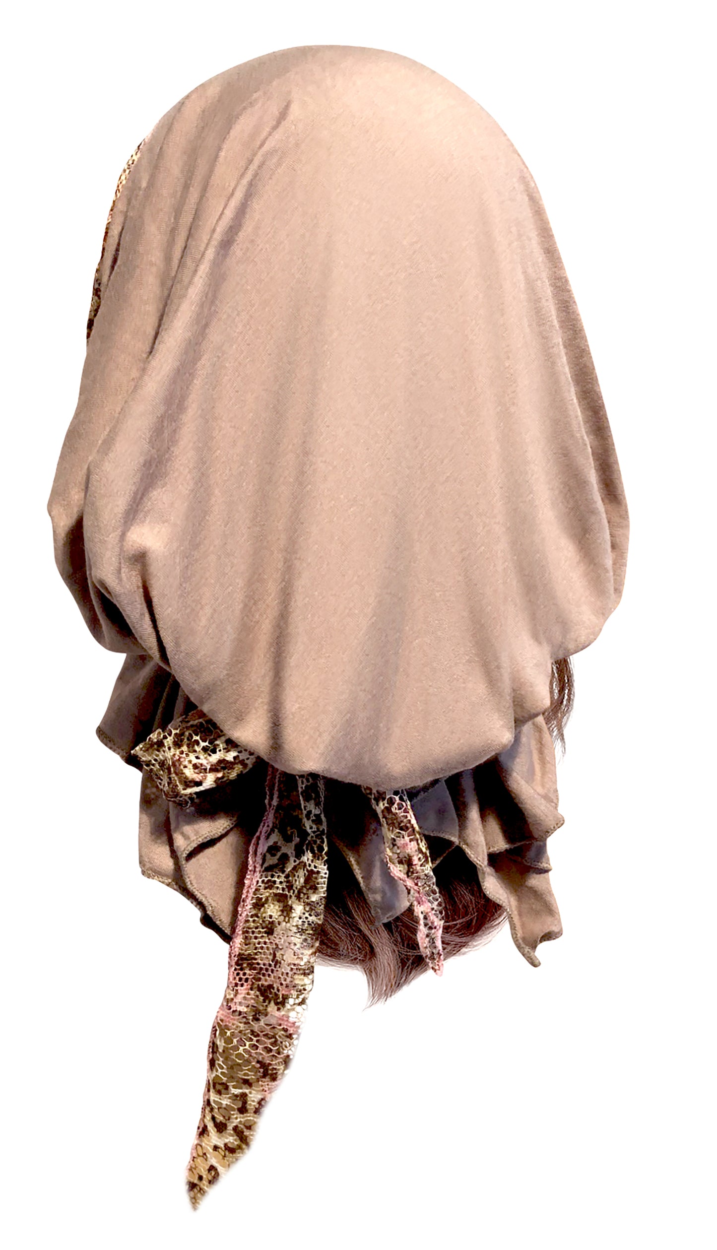 Beige headscarf w/pink floral lace wrap