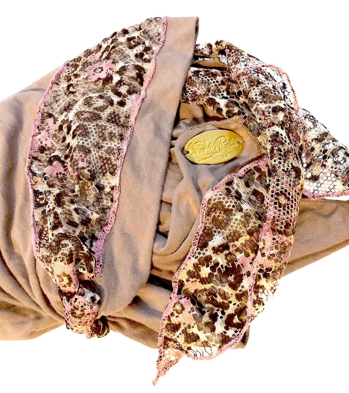 Beige headscarf w/pink floral lace wrap