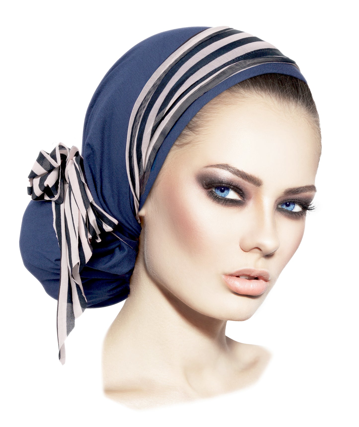 Long navy blue headscarf with stripe wrap
