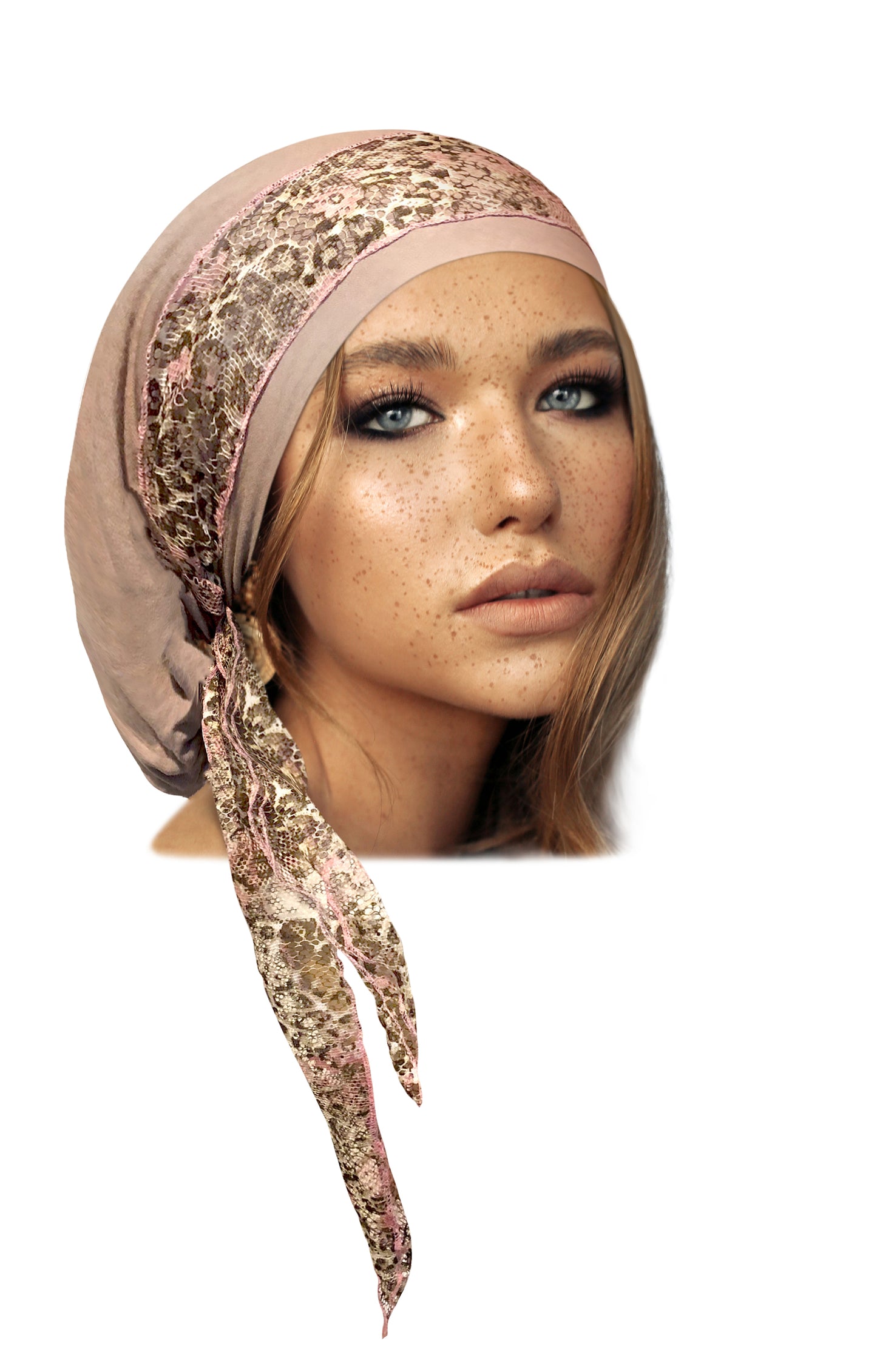 Beige headscarf w/pink floral lace wrap