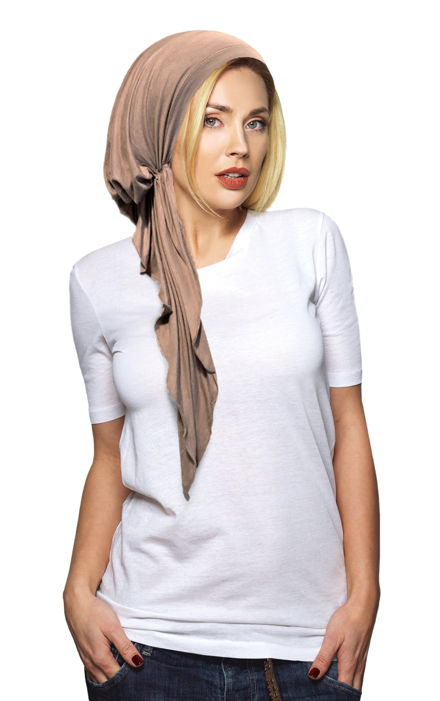 Long taupe pre-tied headscarf