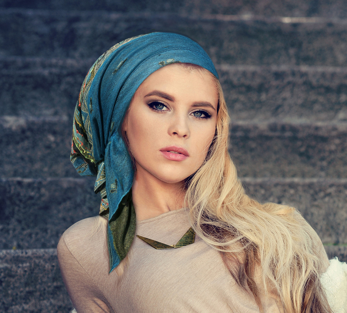 Teal cashmere pre tied headscarf