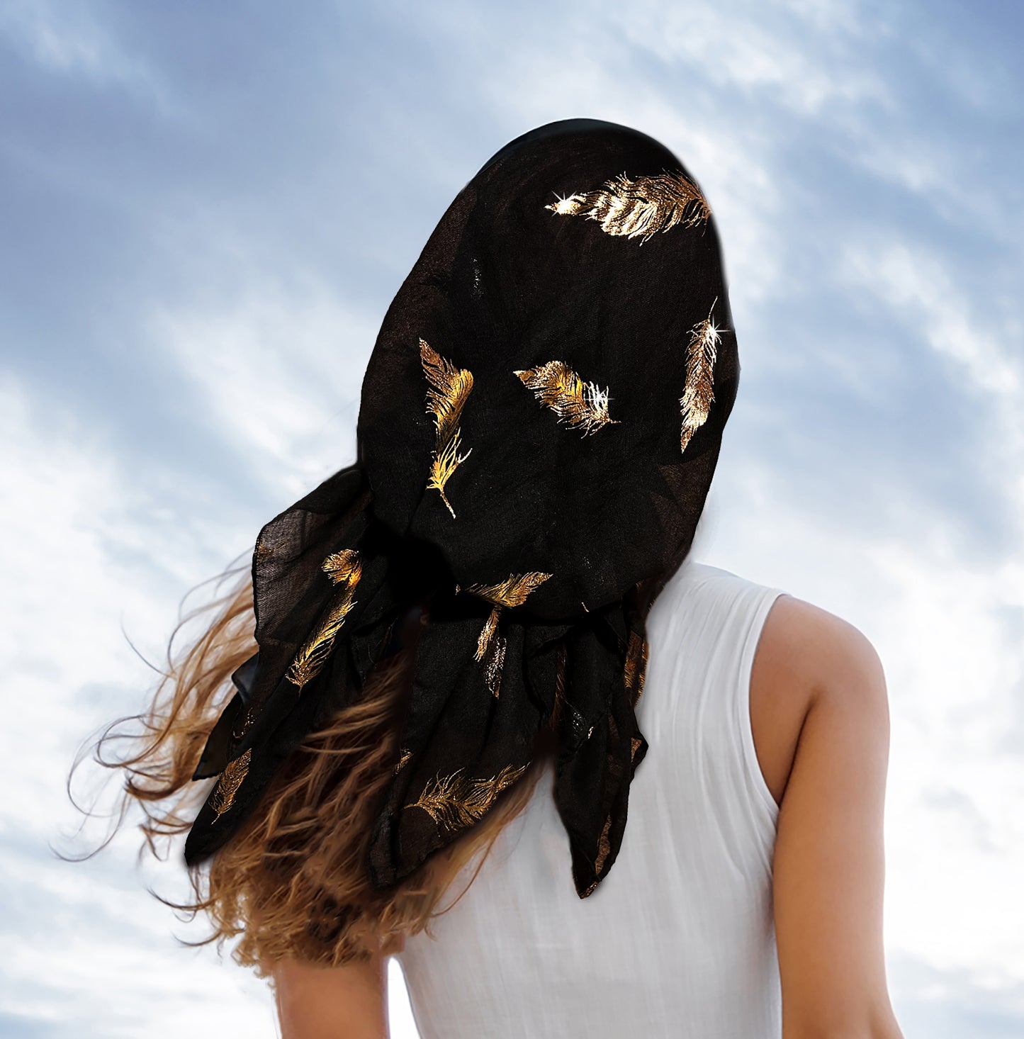 Black gold feather sparkles non slip headscarf