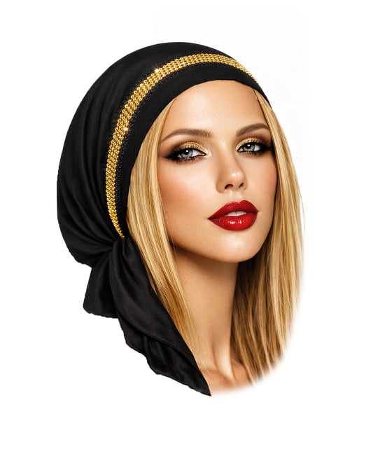 Black headscarf with gold sparkly metal trim