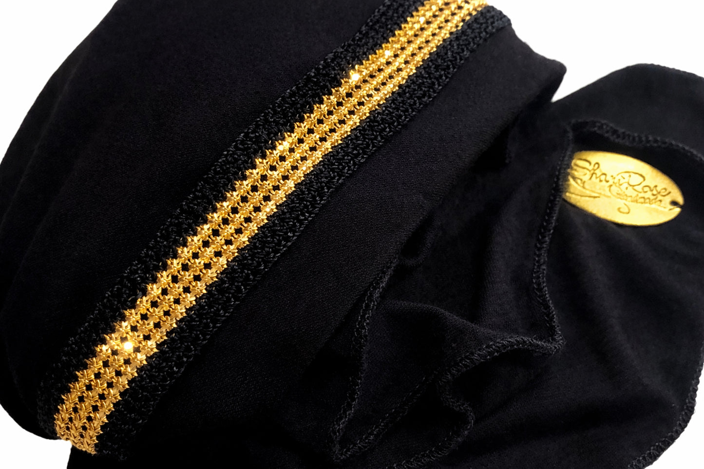 Black headscarf with gold sparkly metal trim