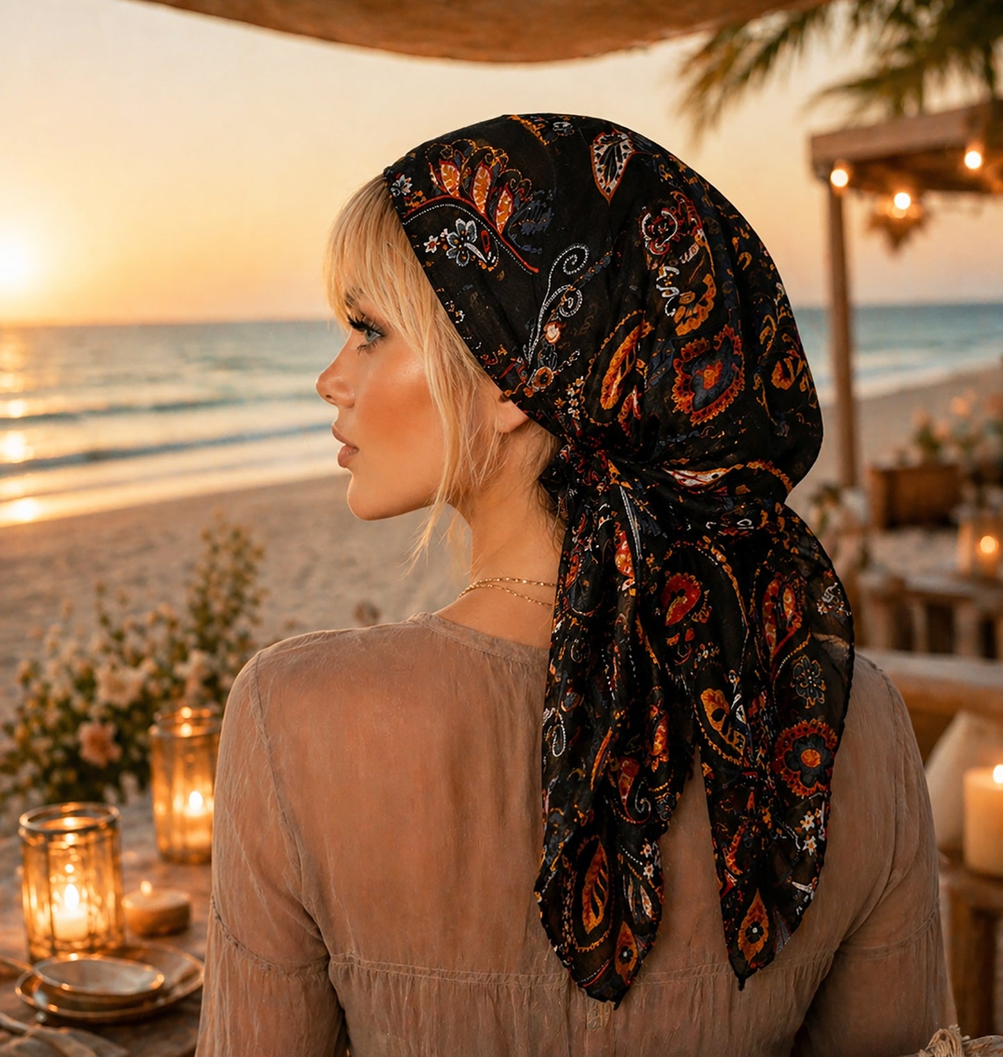 Black paisley lightweight non slip headscarf