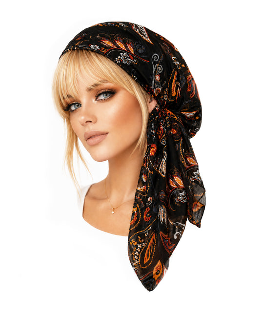 Black paisley lightweight non slip headscarf
