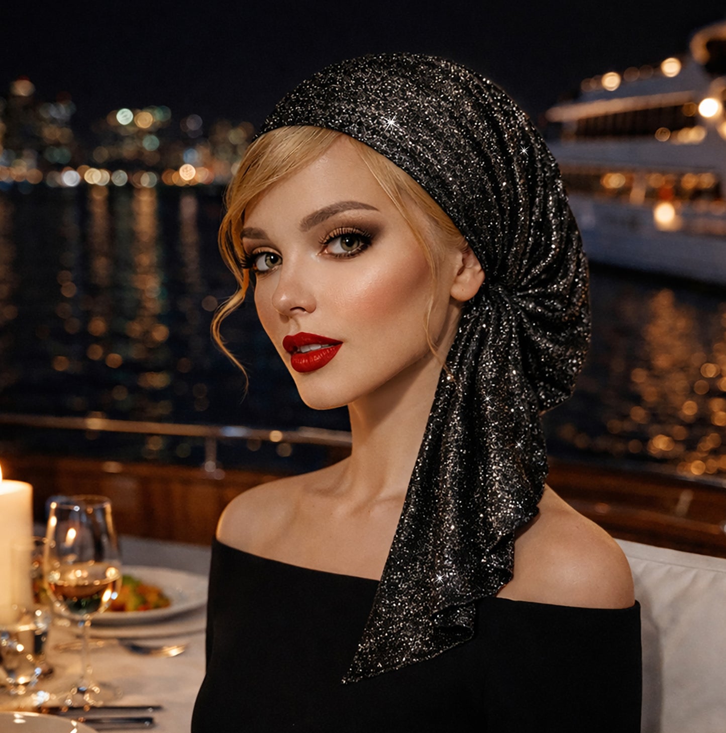 Black Silver Sparkle Non-Slip Pre-Tied Headscarf