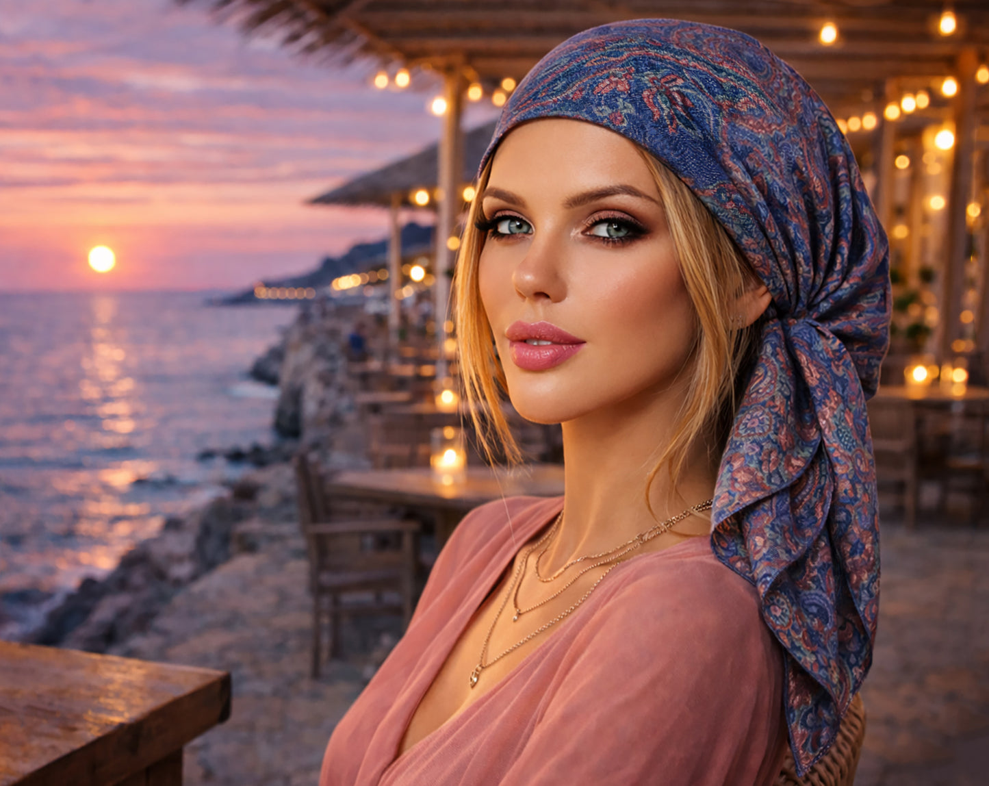 Blue paisley nonslip cashmere headscarf