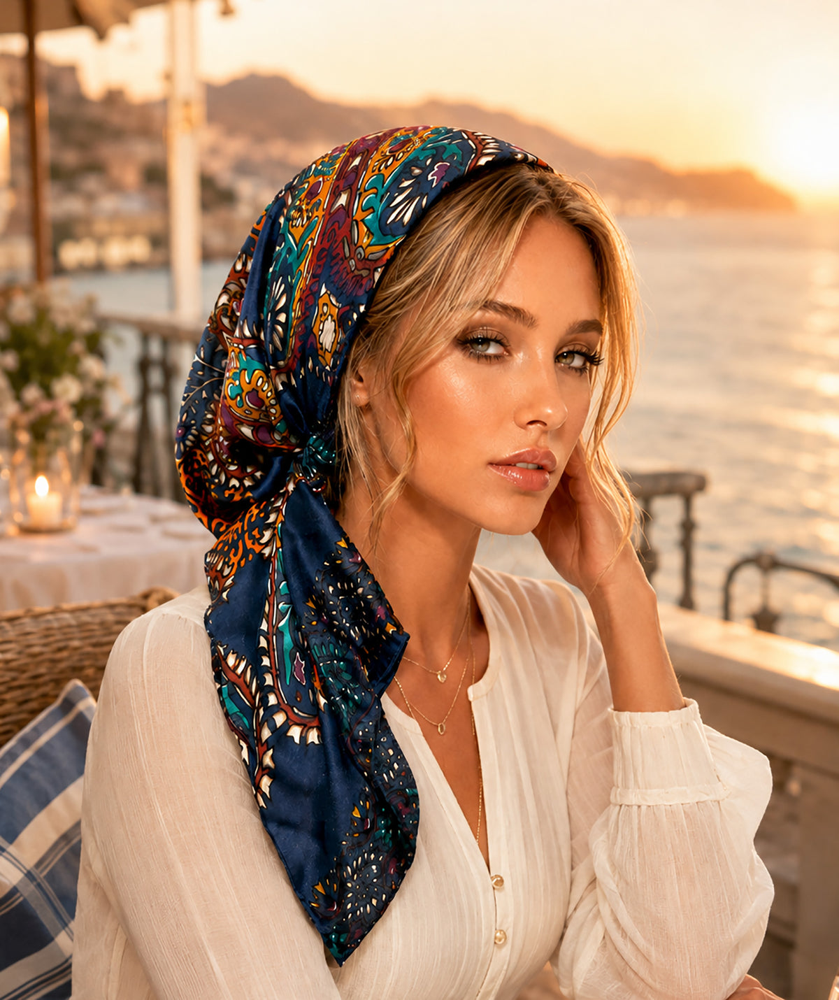 Navy Blue Non-Slip Paisley Pre-Tied Headscarf