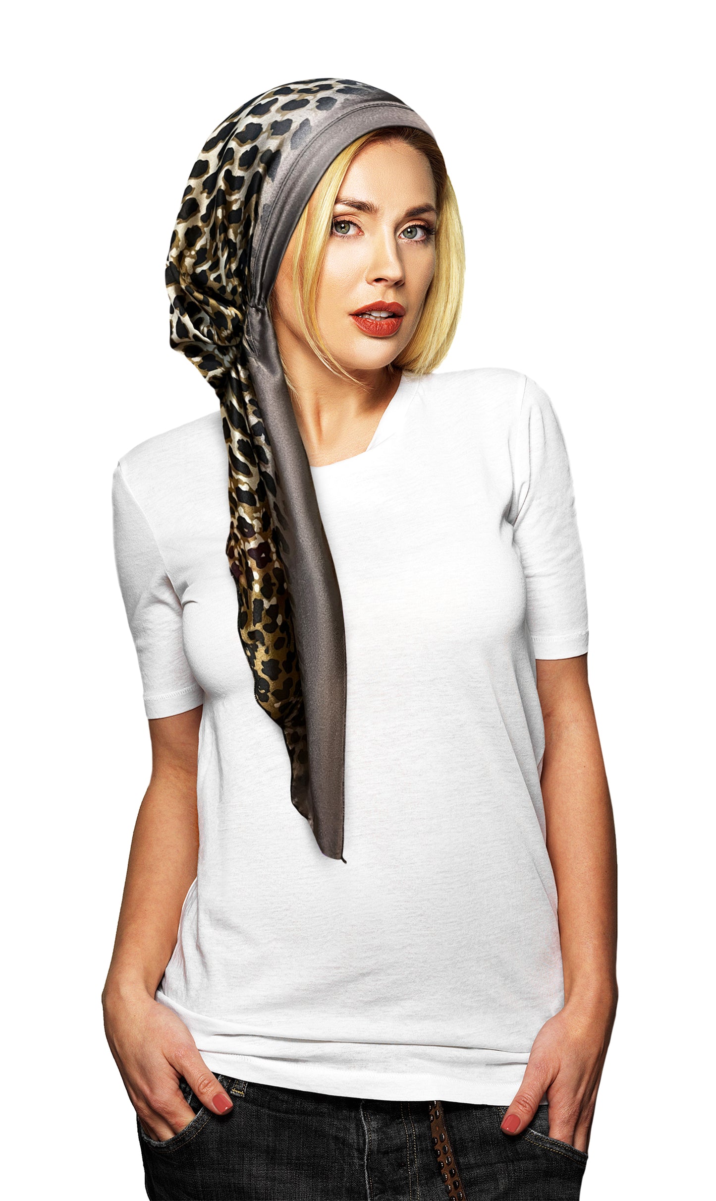 Long cheetah satin non slip headscarf