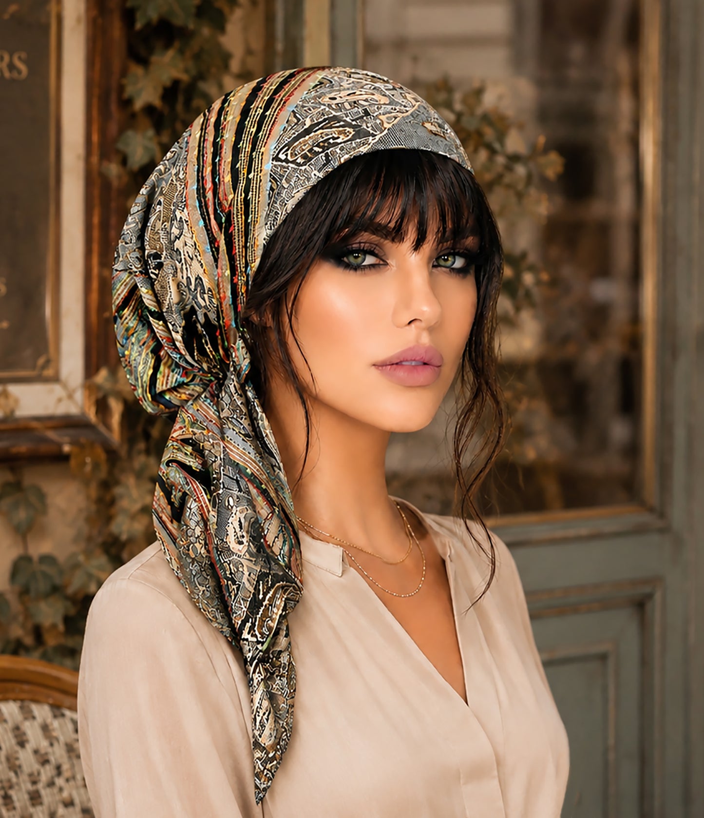 Gray cashmere pre tied headscarf
