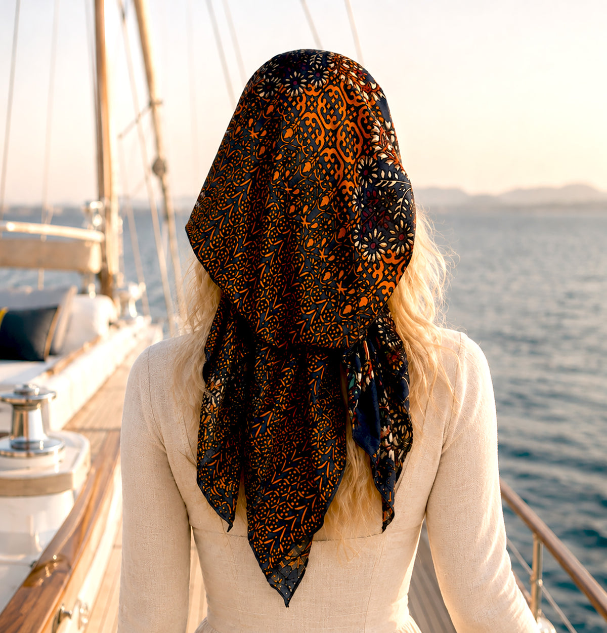 Navy Blue Non-Slip Paisley Pre-Tied Headscarf