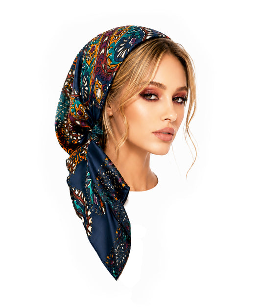 Navy Blue Non-Slip Floral Pre-Tied Headscarf