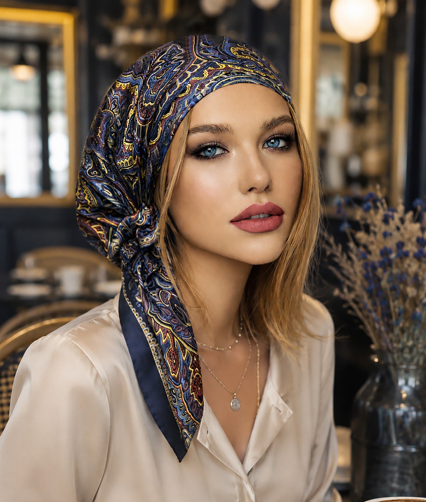 Navy Gold Paisley Satin Non-Slip Pre-Tied Headscarf