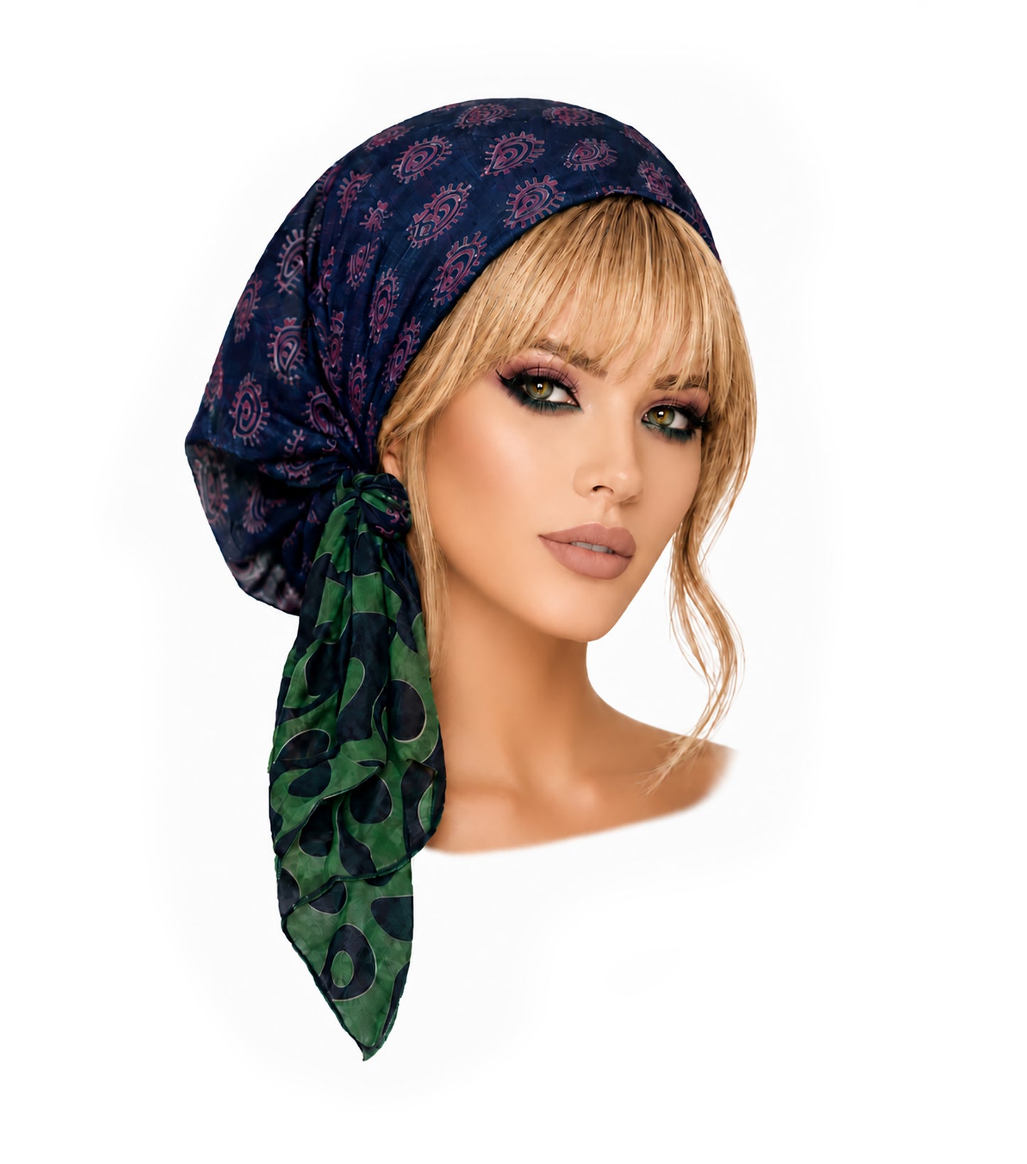 Navy Blue Non-Slip Paisley Green Headscarf