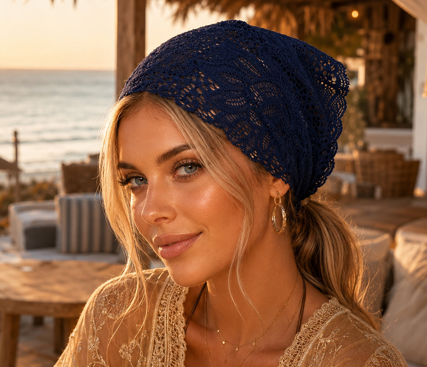 Navy Blue Scalloped Lace Headband