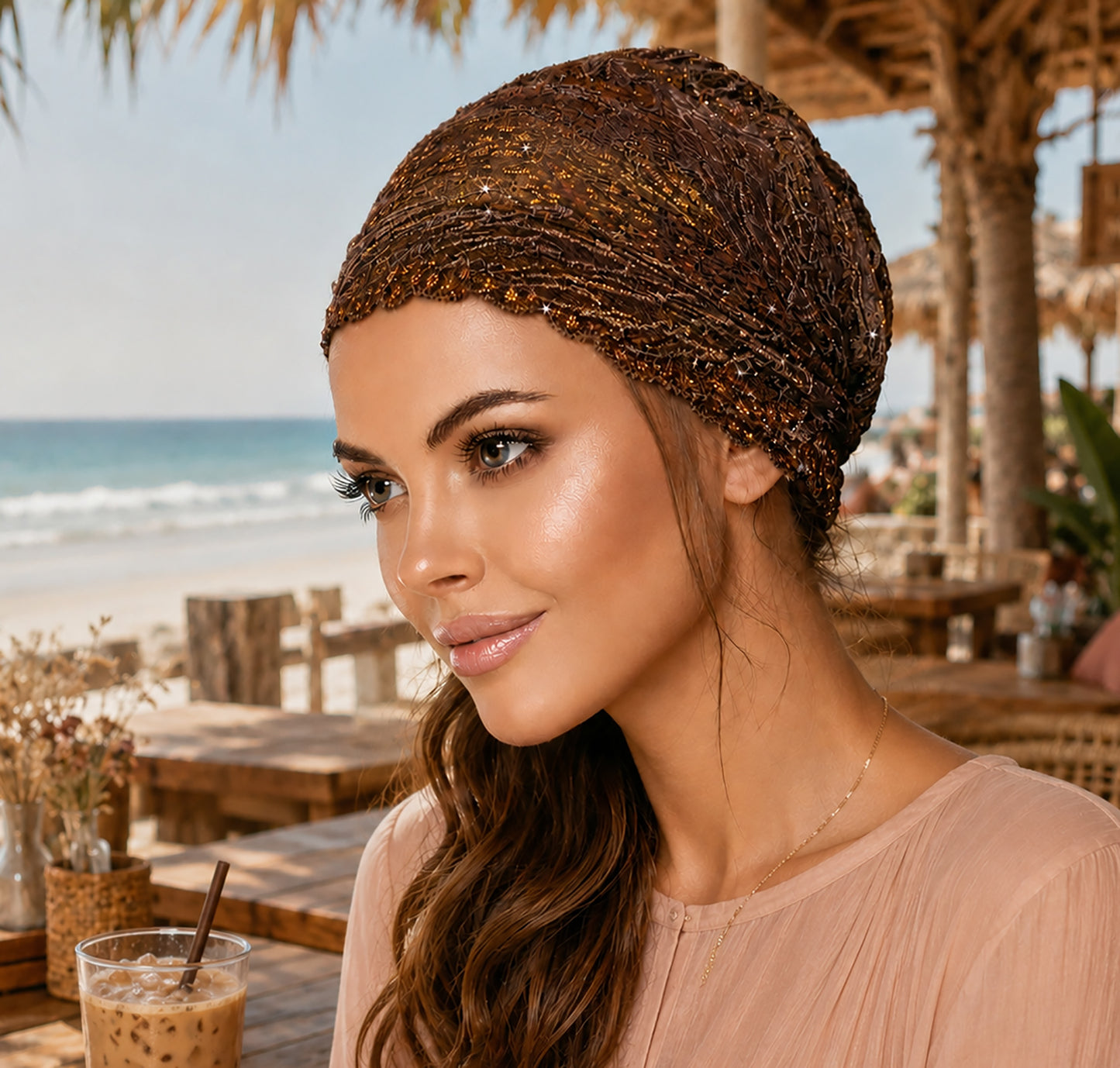 Taupe gold sparkles lace headband