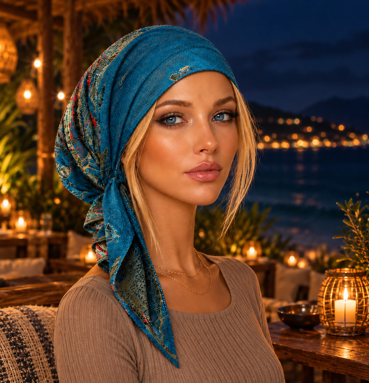 Teal Turquoise Headscarf Soft Knit Non-Slip Pre Tied