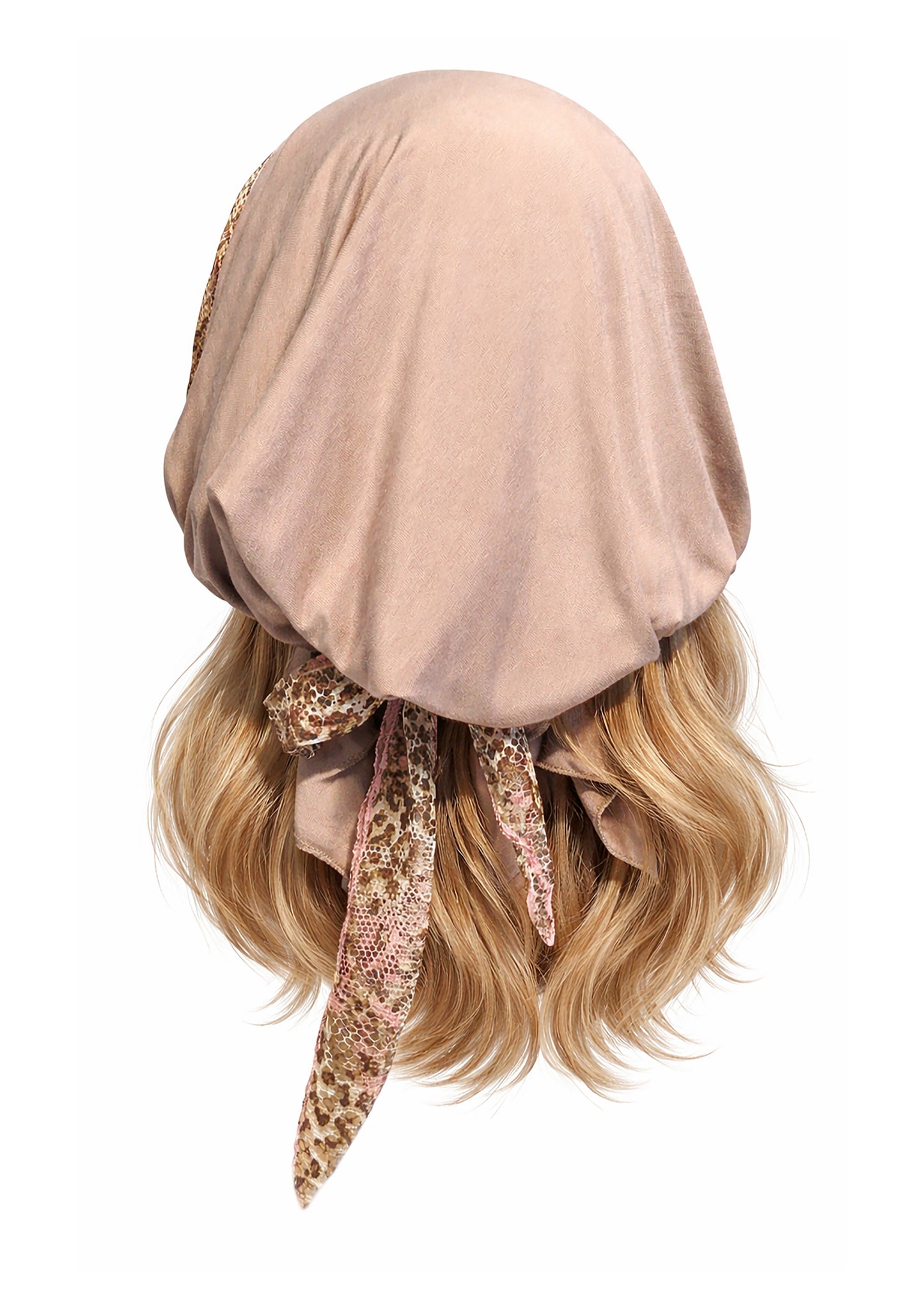 Beige headscarf w/pink floral lace wrap