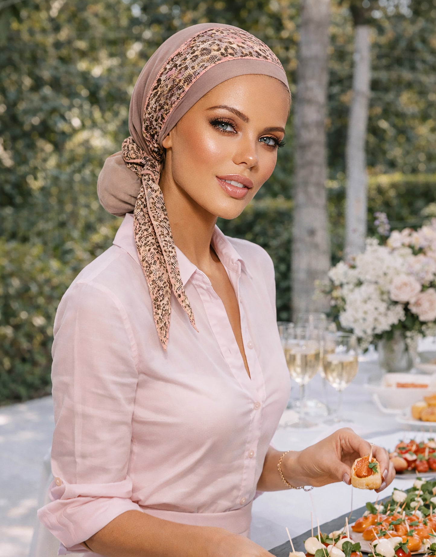Beige headscarf w/pink floral lace wrap